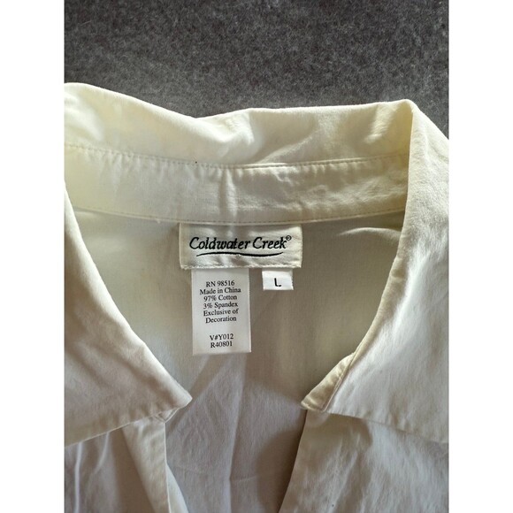 Cold Water Creek Button Up Blouse with Sheer Bell Sleeve Floral Detail, Large - Picture 3 of 4